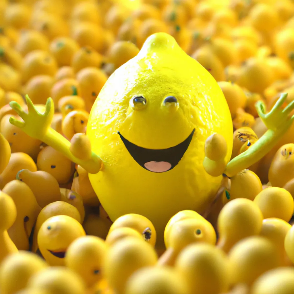 Prompt: 3-D, Photo-Realistic, Laughing Giant Lemon surround by huge crowd of cheering lemon admirers
