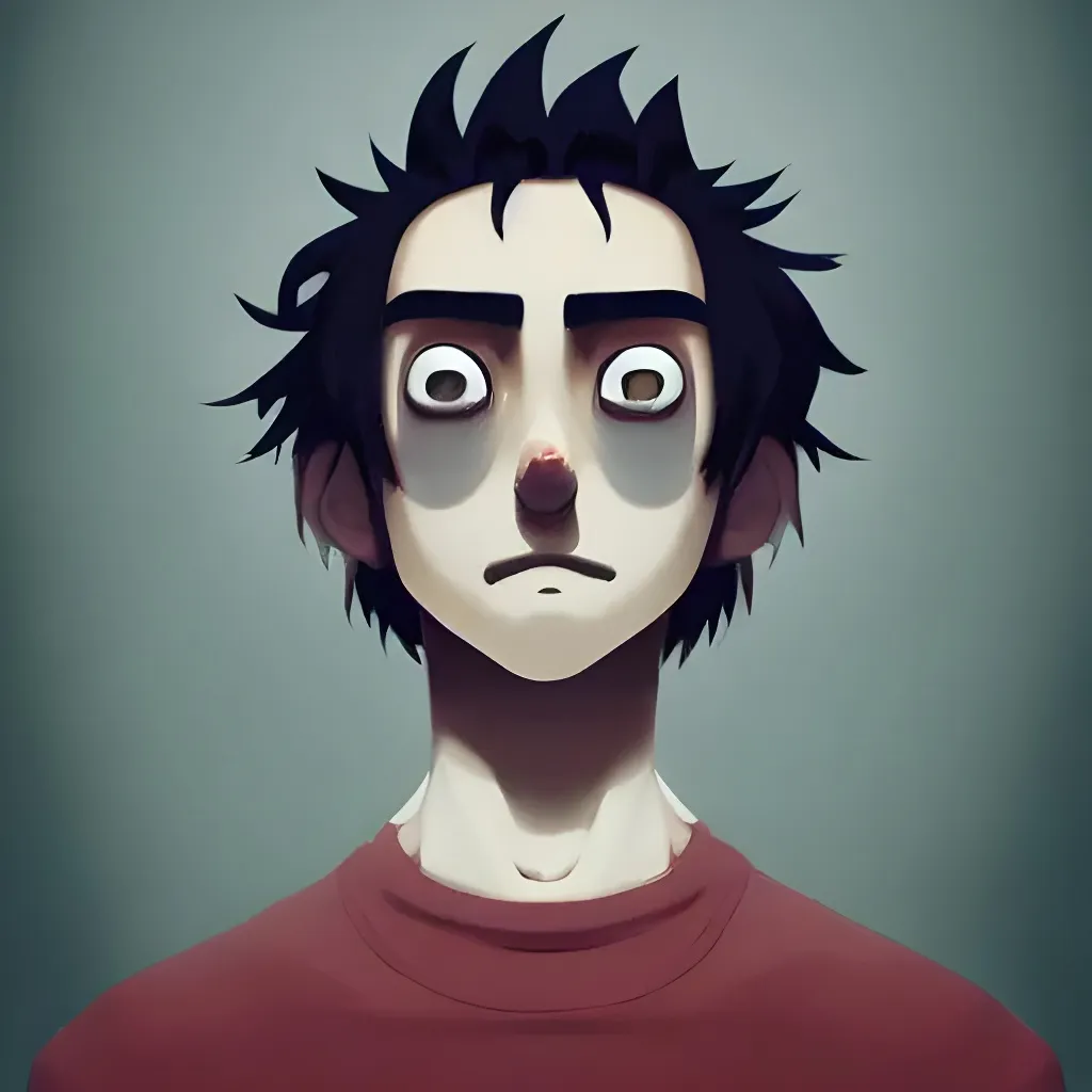 Prompt: Moody Portrait of a goofy boy with two Beautiful eyes and curly black hair,facing towards the camera with swagger,interesting facial expression,8K,digital art,by Studio Ghibli,by Art germ,by Beeple, iconic, trending on art station, award winning, intricate details, highest quality