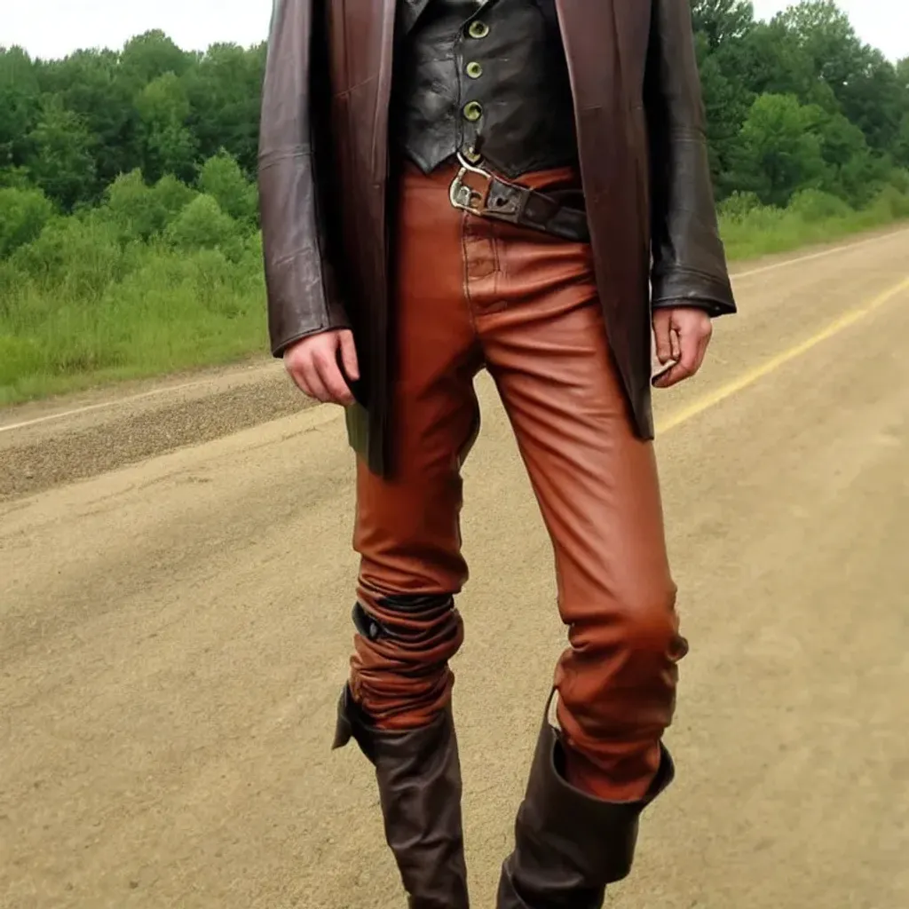 Prompt: Katch saw a tall man standing on the side of the interstate. The tall man was dressed in a dark-rust-color leather long coat and pants, a matching wide-brimmed leather gambler hat, and matching knee-high leather hobnail boots. The metal fasteners, hobnails, clasps, and rivets in the tall man's clothes were all dark-rust-color as well. Katch noticed that the man had reddish-tan skin. The tall man was 7 feet 9 and a half inches in height. 