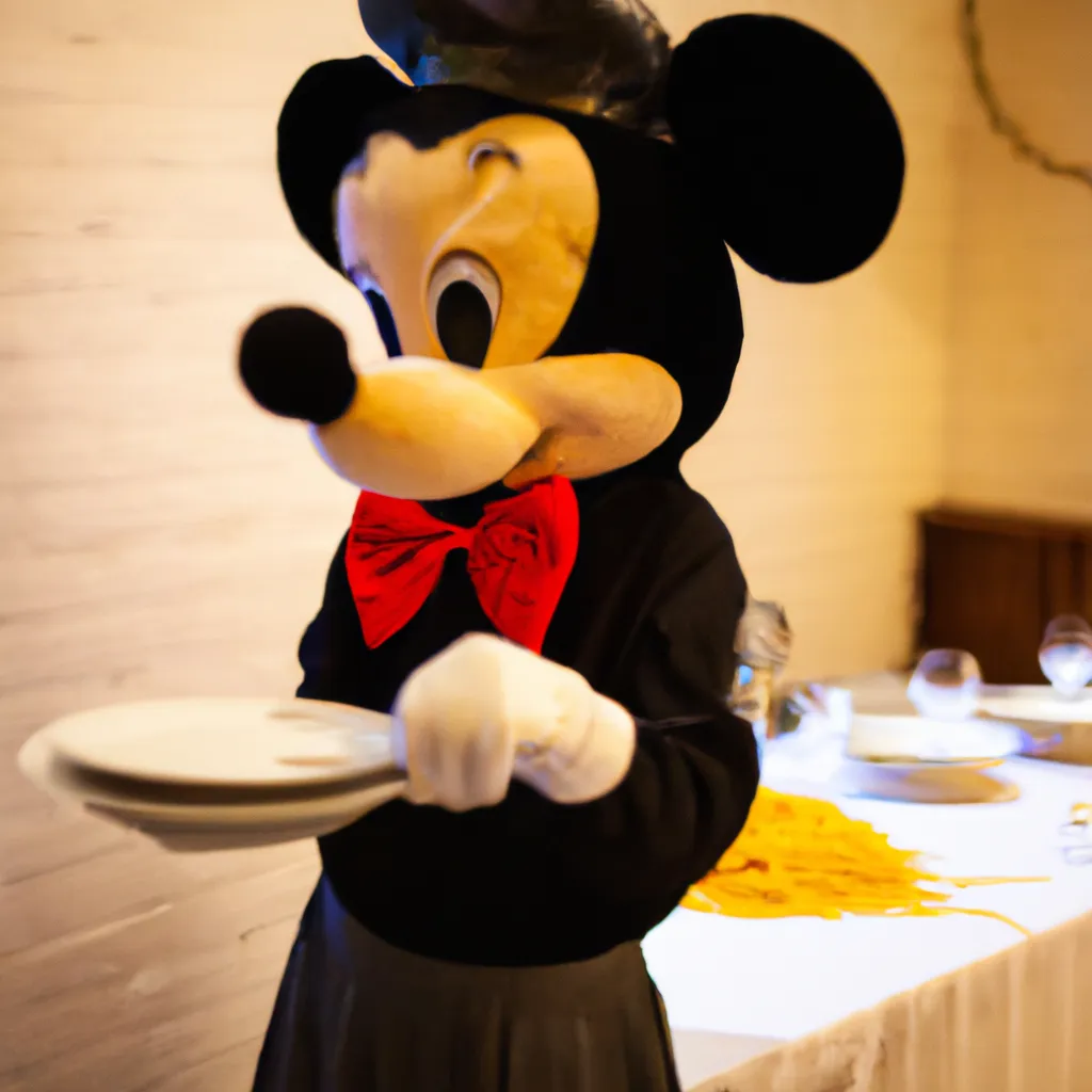 Prompt: Mickey Mouse dressed as a waiter in an Italian restaurant serving spaghetti to a table