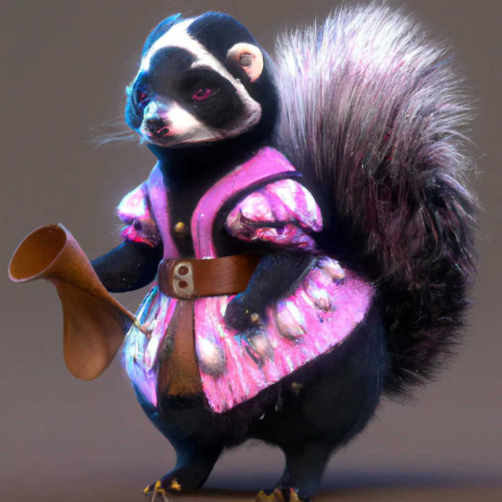 Prompt: High quality, Pixar style, tiny cute and adorable fluffy skunk  dressed in fantasy clothes, fantasy outfit, fantasy dress, small, adorable!, skunk, anthropomorphic ,dnd, adventurer, dramatic lighting, 8k, portrait, cartoon, fine details, 3d render, cinematic ,intricate details, cinematic lighting, character design, character concept, cute, mascot,  adventure, dungeons and dragons, 8k, fluffy!, tsaoshin, pixar movie key visual, fantasy, DnD, adorable!, big eyes, animated, disney, anime, animation