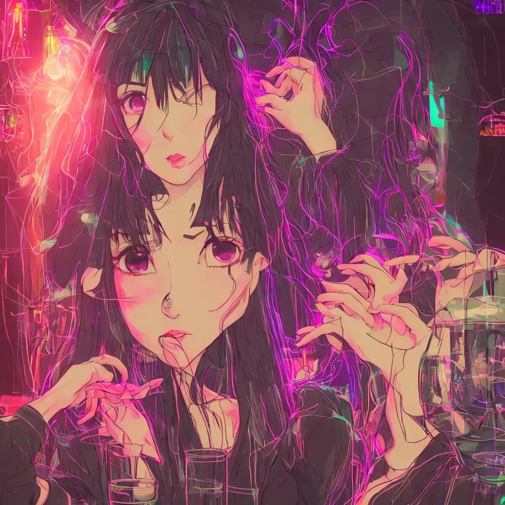 Prompt: beautiful anime va11 hall-a cyberpunk bartender portrait of saki fuwa by alphonse mucha, ilya kuvshinov, anime art wallpaper, intricate linework, neon retro bar, volumetric lighting, sharp focus, trending on artstation, unreal engine, volumetric lighting