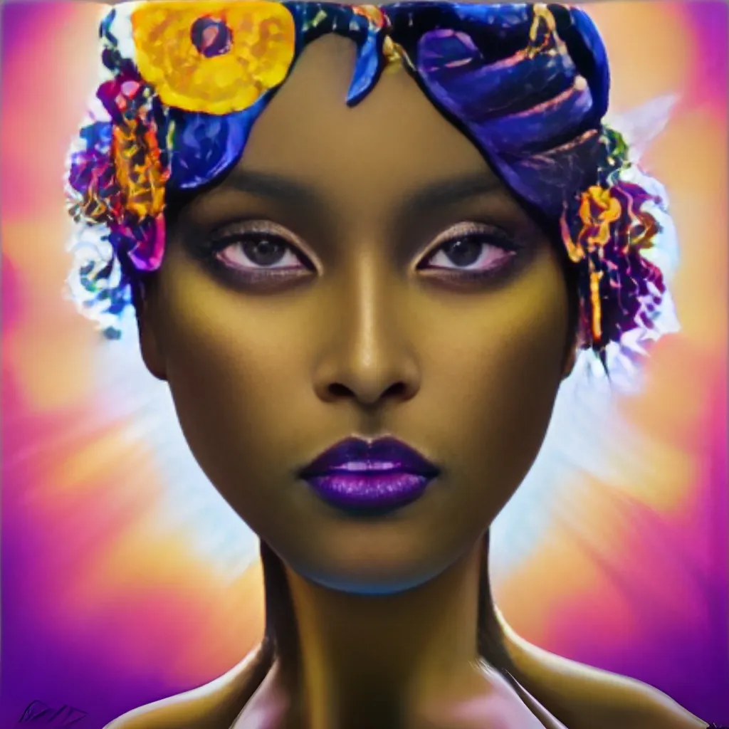Prompt: a painting of a woman with flowers in her hair, an ultrafine detailed painting, trending on deviantart, afrofuturism, mark brooks detailed, very dark brown skin!, ( ( ( ( ( dan mumford ) ) ) ) ), hi - fructose art magazine, black opal, uniquely beautiful, purple and gold color scheme