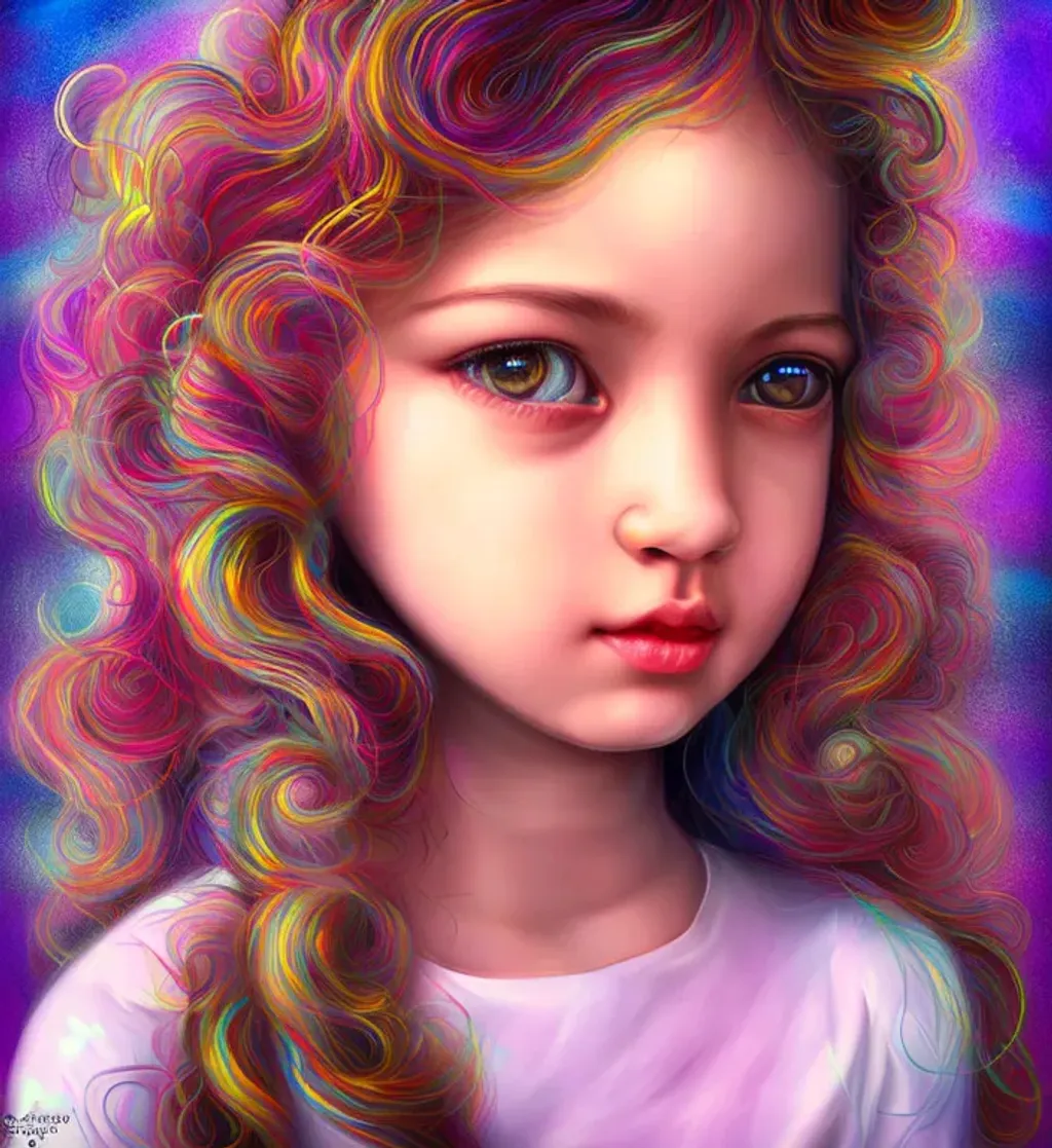 Prompt: realistic portrait of a very beautiful young girl cute nose perfect lips intricate girlish charm curly flyaway hair, highly detailed, digital painting, sharp focus, dof, ultra reallistic, extremely detailed, intricate, artgerm, ambient lighting  award winning, fantastic view, colourful, intriguing 