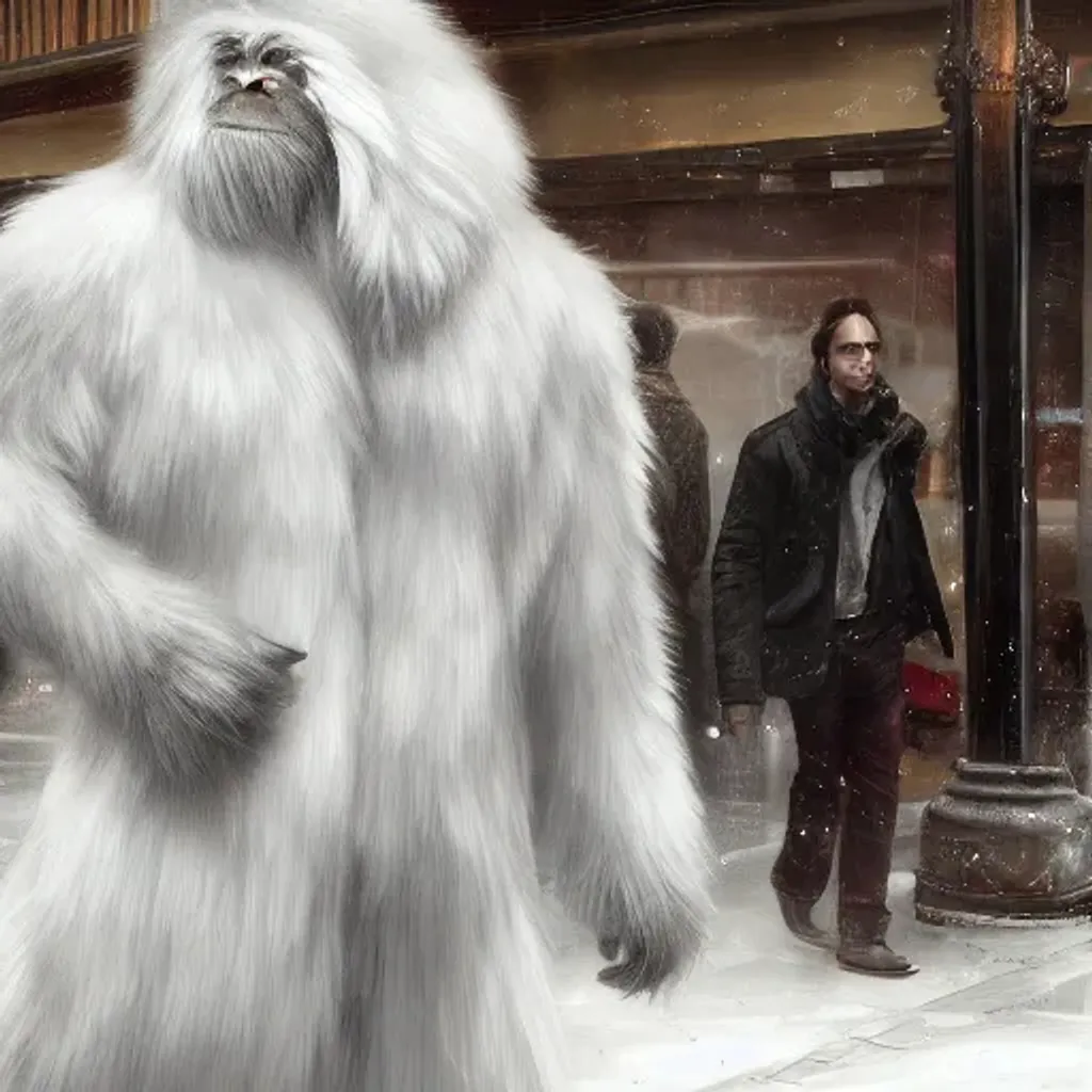 Prompt: Glossy photo of a Yeti in white fur hits the shopping mall in style buying stuff in stores while people are watching him. 8k resolution concept art portrait by Greg Rutkowski, Artgerm, WLOP, Alphonse Mucha dynamic lighting hyperdetailed intricately detailed Splash art trending on Artstation triadic colors Unreal Engine 5 volumetric lighting cool colors, god rays