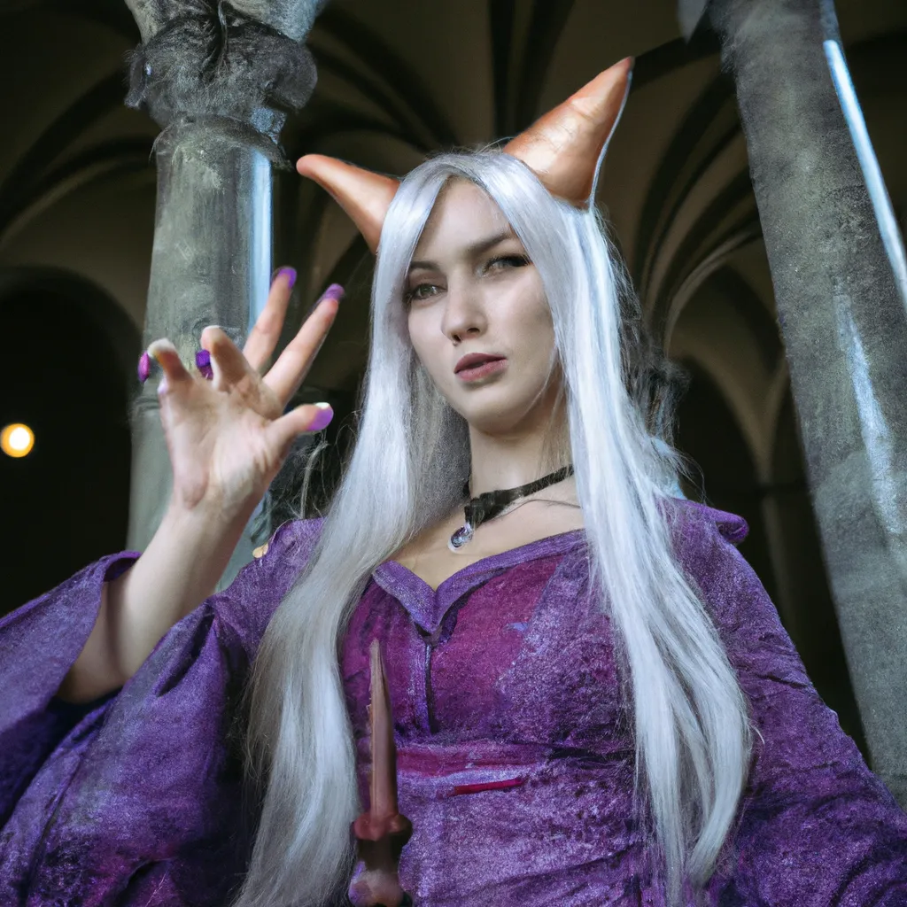 Prompt: A witch with long purple dress, white hair, neotenic eyes, invocation, sign of the horns, cosplay. Inside cathedral. 