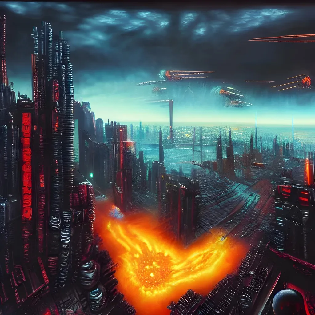 Prompt: A thermonuclear explosion rocks the cyberpunk city of tomorrow, blade runner, alien landscape, city in ruins, incredible vista, tech, in the style of a very highly detailed oil painting, xenomorphic