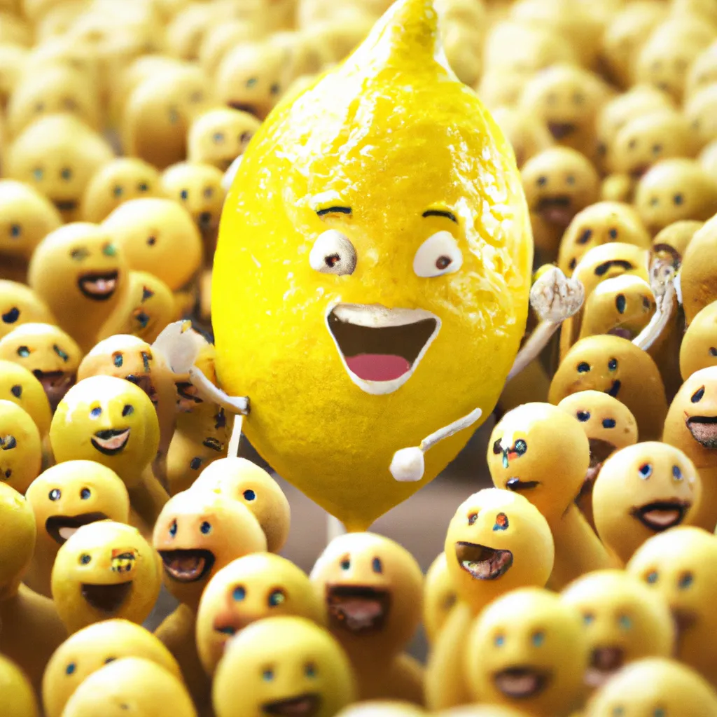 Prompt: 3-D, Photo-Realistic, Laughing Giant Lemon surround by huge crowd of, joyus, cheering, dancing, lemon admirers
