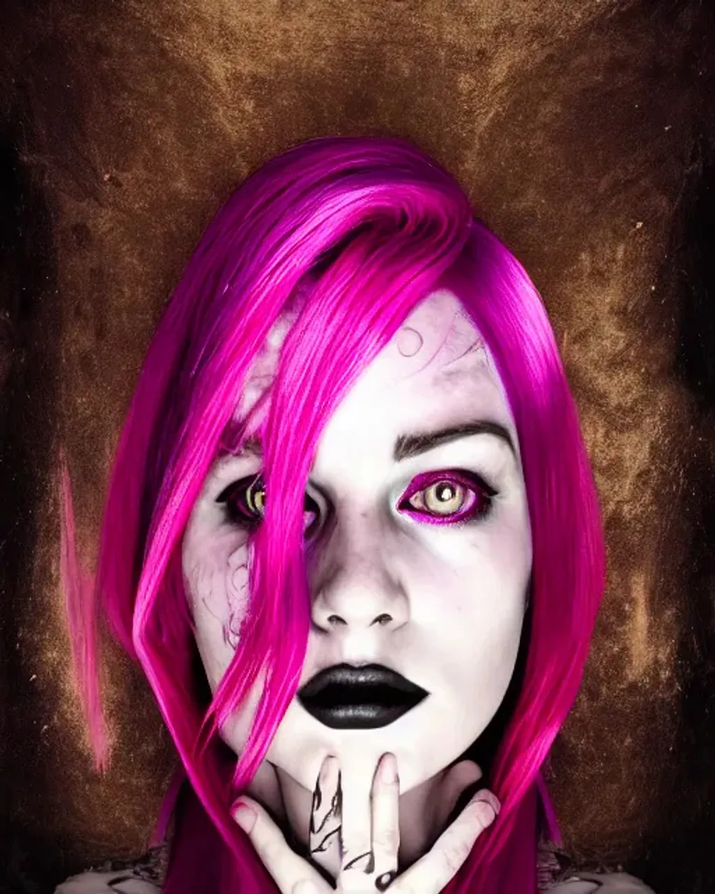 Prompt: portrait of gothic woman with pink hair, centered, scenic background, perfect composition, golden ratio, symmetrical facial features, hyperrealistic, photorealism, 85mm lens, super detailed, 32k, high quality, trending on artstation, sharp focus, studio lighting, intricate details, hyperdetailed photography by dino tomic, WLOP