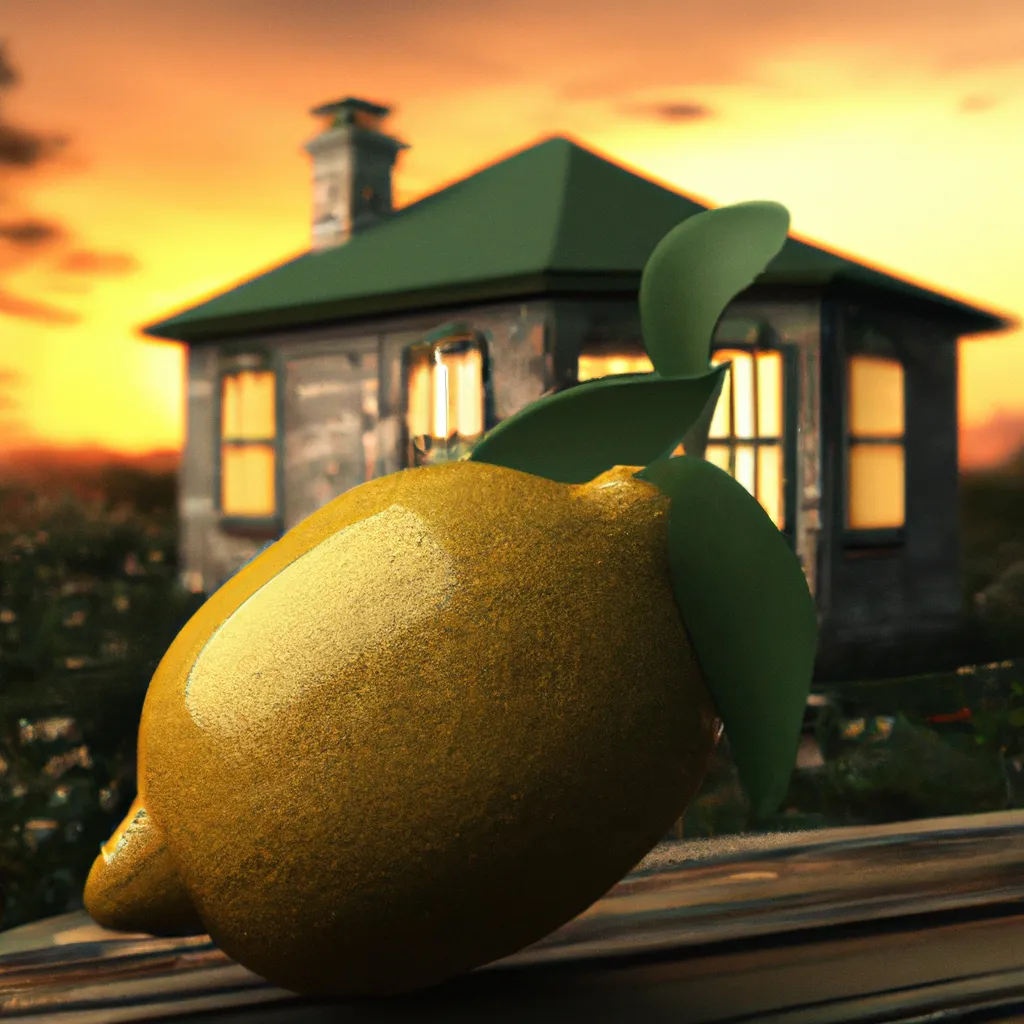 Prompt: A lemon in front of a wooden house, 3D graphics, award winning photo, evening sunset, High quality 4K wallpaper