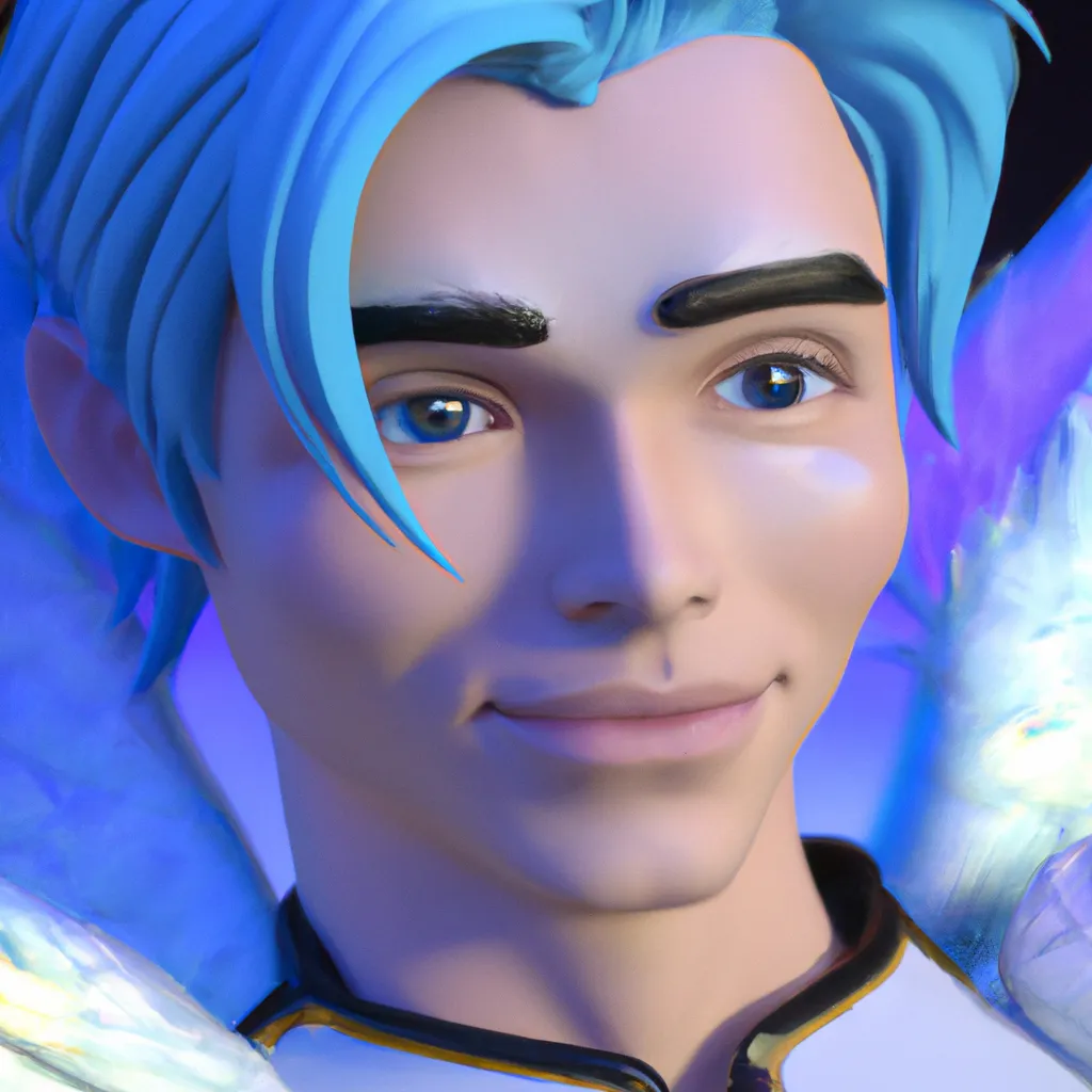 Prompt: Disney style，prince with bigs eyes, blue hair, white wings, angel like, unreal engine, hyper detailed, photorealistic, octane render，4k