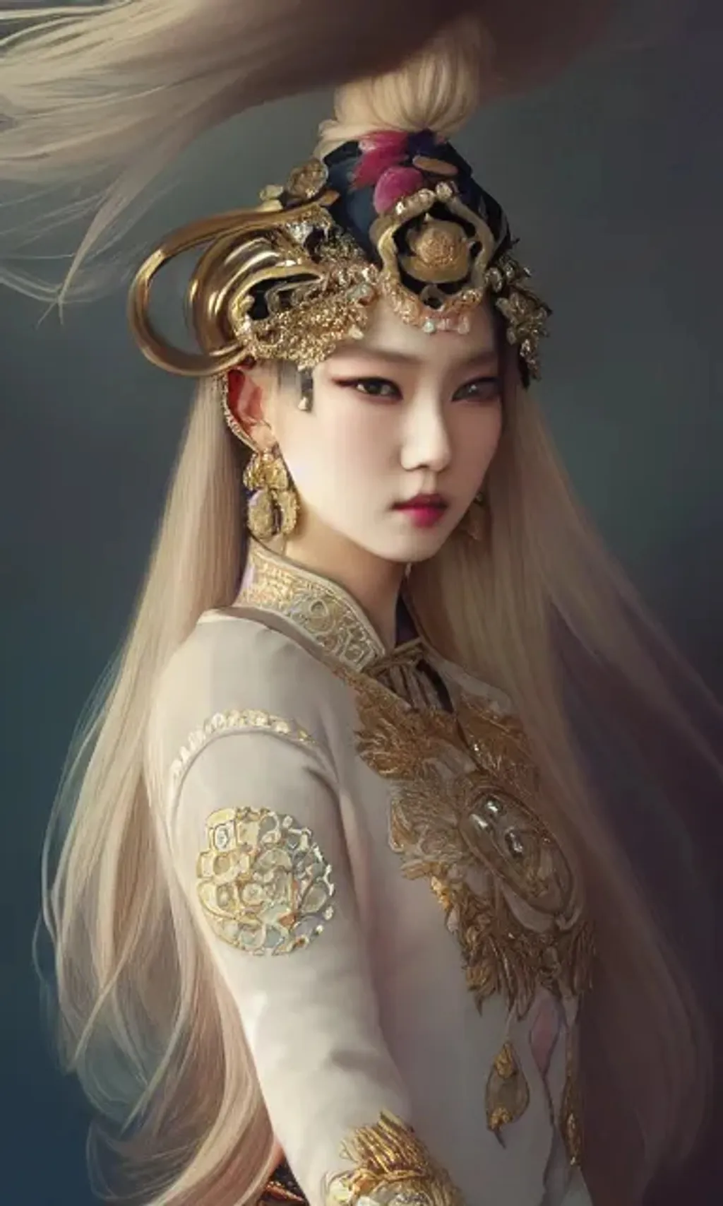 Prompt: matte portrait, feminine elegant ethereal kpop princess with intricately decorated traditional korean costume, blonde balayage wild hair, royal vibe, highly detailed, digital painting, Trending on artstation , HD quality, by artgerm and greg rutkowski and alphonse mucha, dramatic light, octane