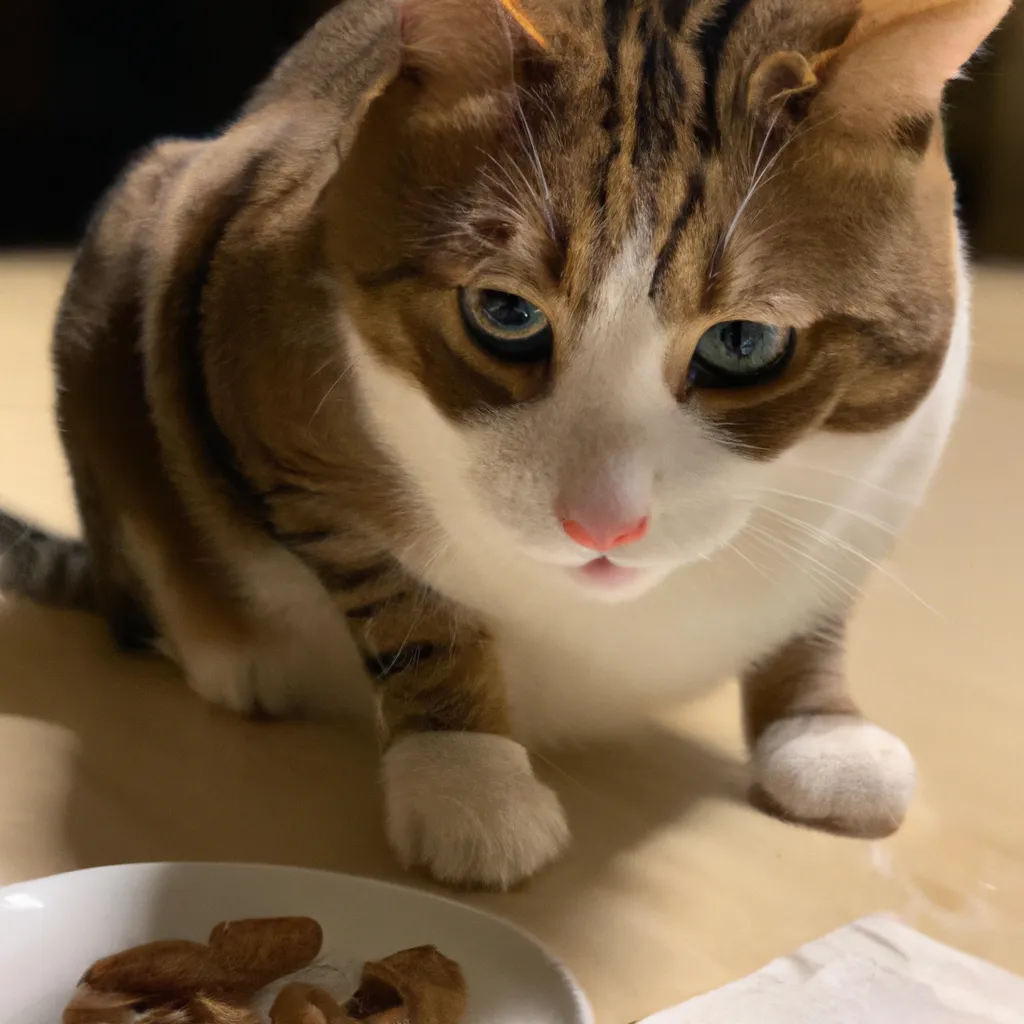 Prompt: A cat sitting on a table eating treats