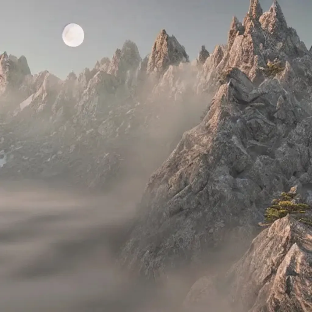 Prompt: still shot of a mountain covered in morning fog, night, moon, highly detailed, photorealistic portrait, bright studio setting, studio lighting, crisp quality and light reflections, unreal engine 5 quality render