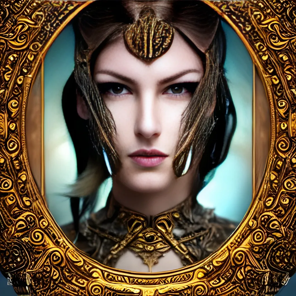 Prompt: photo realistic portrait of a fierce female warrior underwater, elegant ornate feminine armor, muscular, an extremely beautifully detailed face, centered in frame, facing camera, symmetrical face, ideal human, hazel-green eyes, intricate, elegant, highly detailed, Romantic, 85mm lens,f8, photography, ultra details, natural light, light background, photo, Studio lighting, photorealism, pseudo-realistic, digital painting, artstation, concept art, smooth, sharp focus, illustration,  4K IMAX hyperrealistic Salvador Dali Tomas Sanchez, fantasy character portrait, ultra-realistic, concept art, intricate details, highly detailed by Greg Rutkowski, gaston Bussiere, Craig Mullins, Simon Bisley