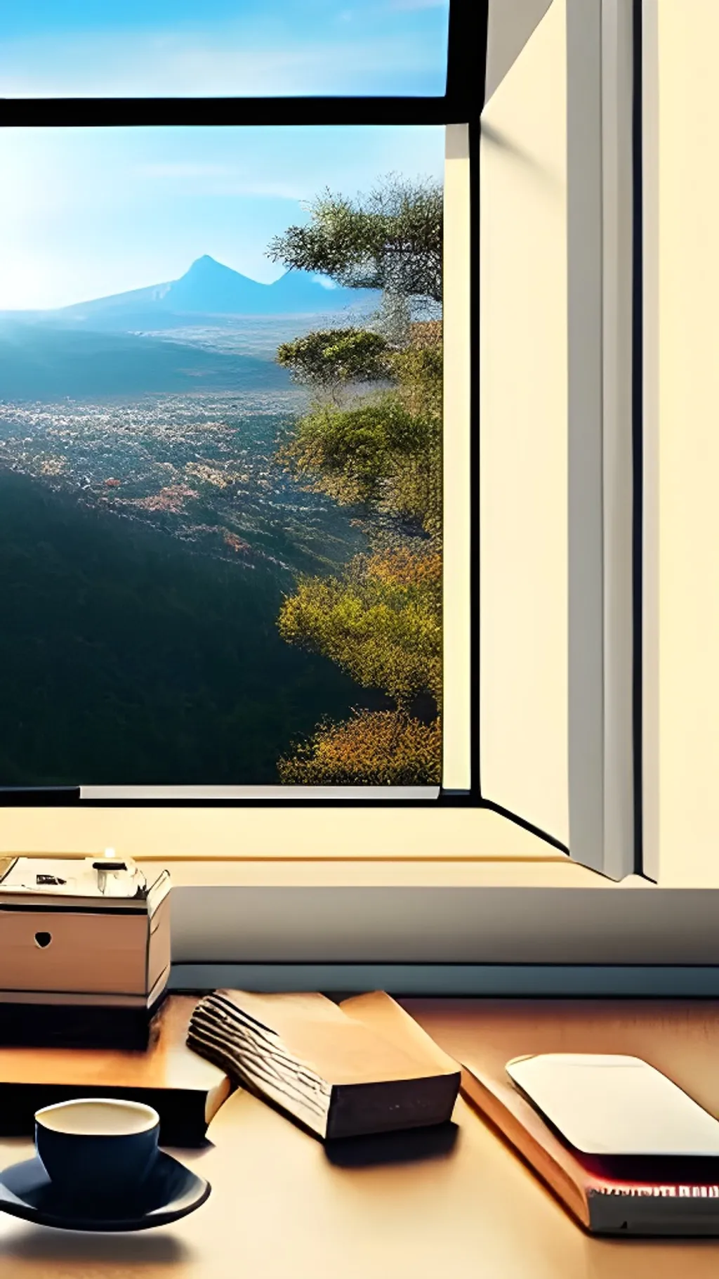 Prompt: Matte painting, dawn, sun shining through large bedroom window, window outlook perspective, earthtone bed across from desk, desk with coffee in mug on top, macbook next to mug, cozy atmosphere inside room, mountain scenery outside window, high up view