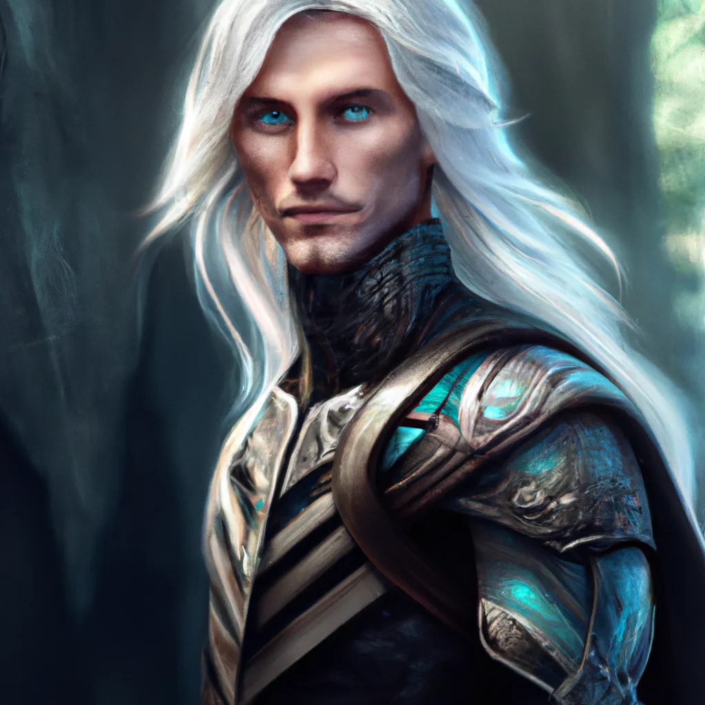 Prompt: Character portrait of a slender young half elven man with white hair, piercing turquoise blue eyes, and pale blue skin, wearing sleek pearlescent black armor, by greg rutkowski and mark brookes and jim burns and tom bagshaw and magali villeneuve, trending on artstation