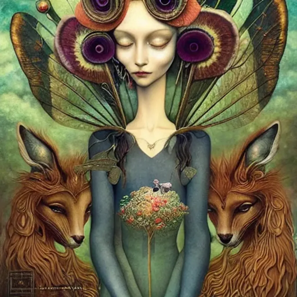 Prompt: Faery  Queene Peruvian arpillera Oxana dobrovolska victo ngai henry rousseau Vladimir kush peregrine heathcoate catrin welz-stein Andrea kurti Andrea kowch 