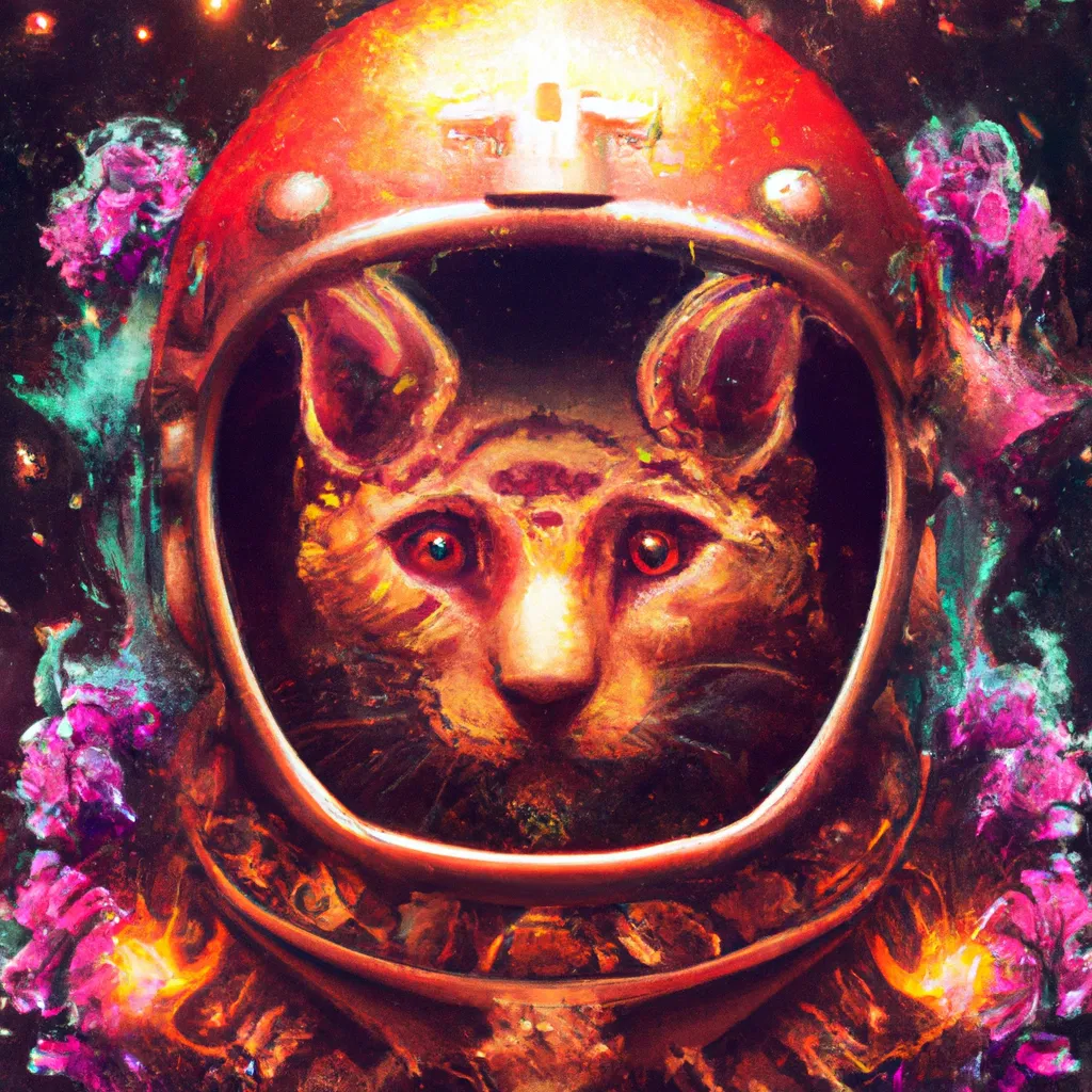 Prompt: cat wearing a skull helmet with flowers, tribal tattoos, fire cave stars background, particles fx, octane render, color radiosity, trending on artstation, warm and cool lighting