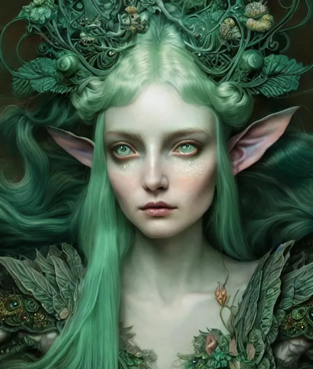 Prompt: pale green haired woman, wearing baroque dress , fantasy, hyper-detailed, accurate anatomy, symmetrical facial features, sharp focus, volumetric lighting, 16k , karol bak, yoshitaka amano, tom bagshaw, zbrush cel-shaded, cgsociety , ethereal beautiful astral  storybook illustration, elf , wine leaves , high intricate
