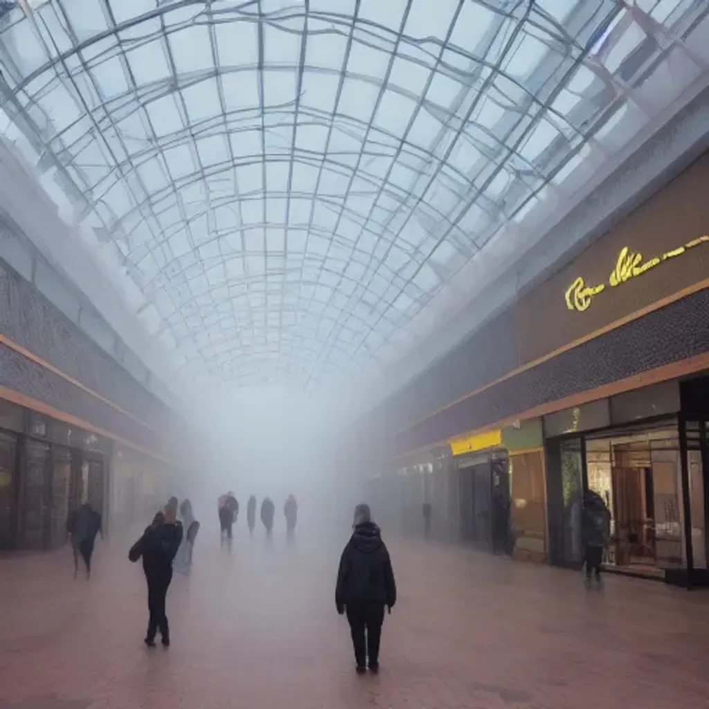 Prompt: liminal space mall with people in the fog