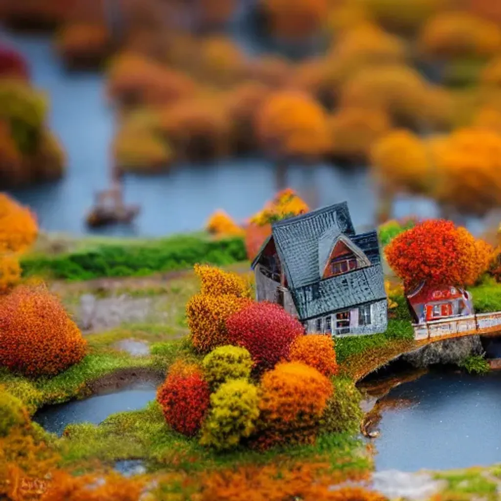 Prompt: miniature world in a box on a desk, autumn, night, mountains, trees, lakes, abandoned buildings, tilt-shift lens, shot on canon 5d, shot on nikon, shot on medium format phase one iq180, ultra realistic,