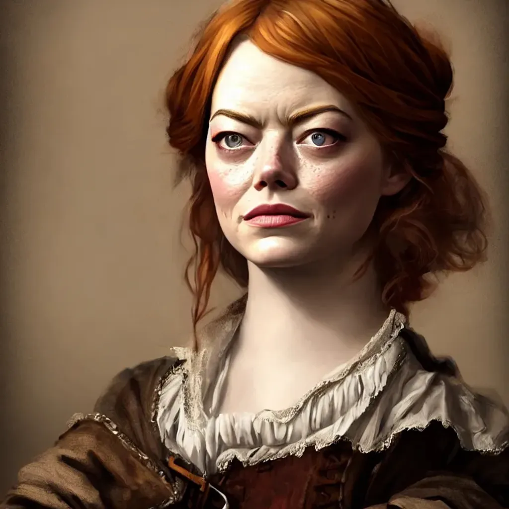 Prompt: highest quality portrait of Emma Stone dressed as a rugged 17th century woman in a jacket, victorian, detailed face, fantasy, close up face, highly detailed, cinematic lighting, digital art painting by Olga Skomorokhova, ultra sharp, smooth sharp focus, artstation hq, behance hd, trending on artforum, on display