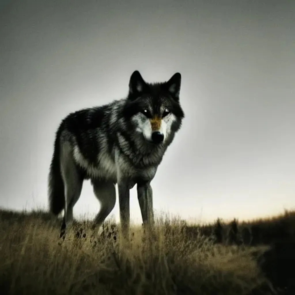 Prompt: photograph of a wolf, natural light, medium shot, long exposure stars, telephoto lens, canon camera