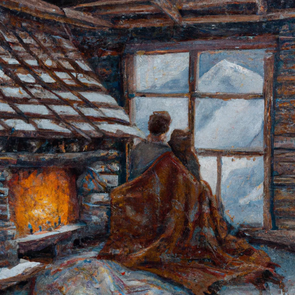 Prompt: A beautiful painting of a couple cuddled under a blanket in a cozy cabin. Snow outside, roaring fireplace, wooden roof, painted by john williams waterhouse, concept art, trending on artstation, award winning