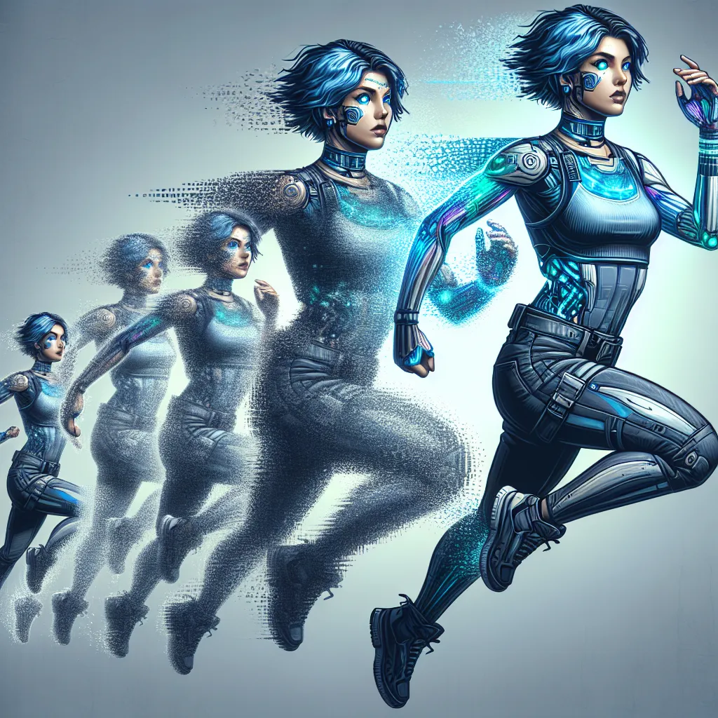 Prompt: Full body picture of a jumping woman with blue eyes and blue short hair with dissolving body and face. The dissolving body is shown in this artistic photo with a background, analytical art, very detailed realistic cyberpunk art, the body is shown several times offset and reduced in size as an image of the woman in the background