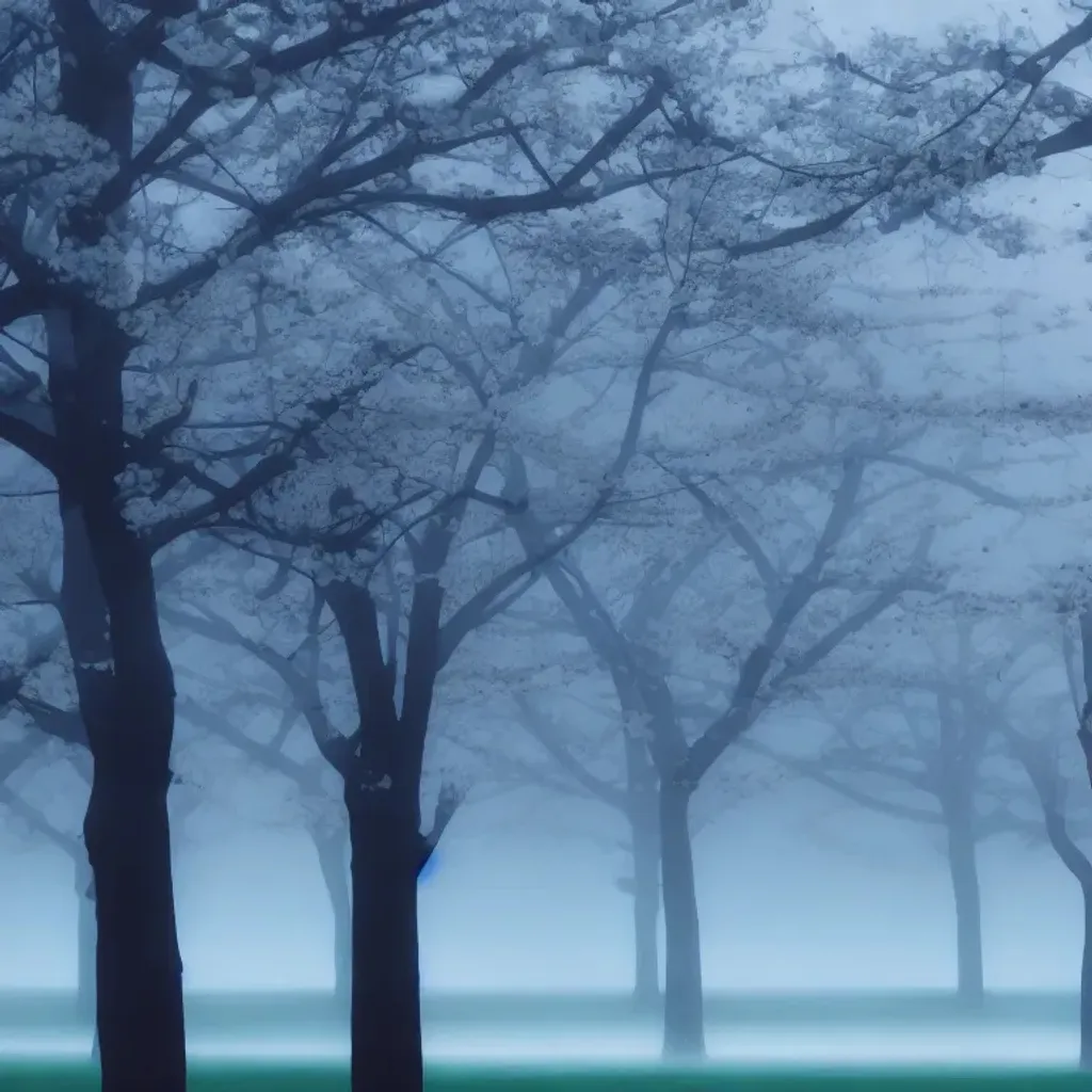 Prompt: low poly cherry trees in creepy park with river and fog at night