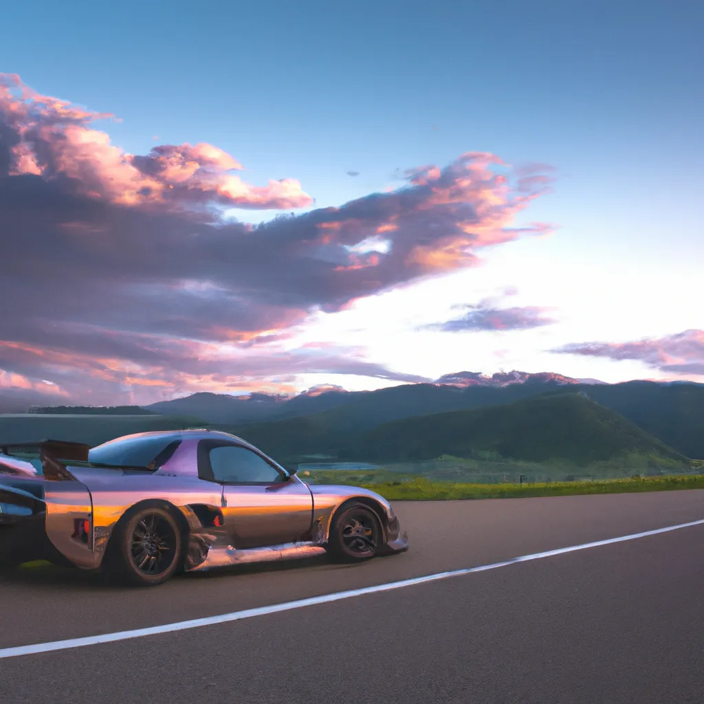 Prompt: a modified RX7 driving on the road. beautiful mountain range, early in the morning, cinematic, cirrus clouds, landscape photography. early purple sky. real photo