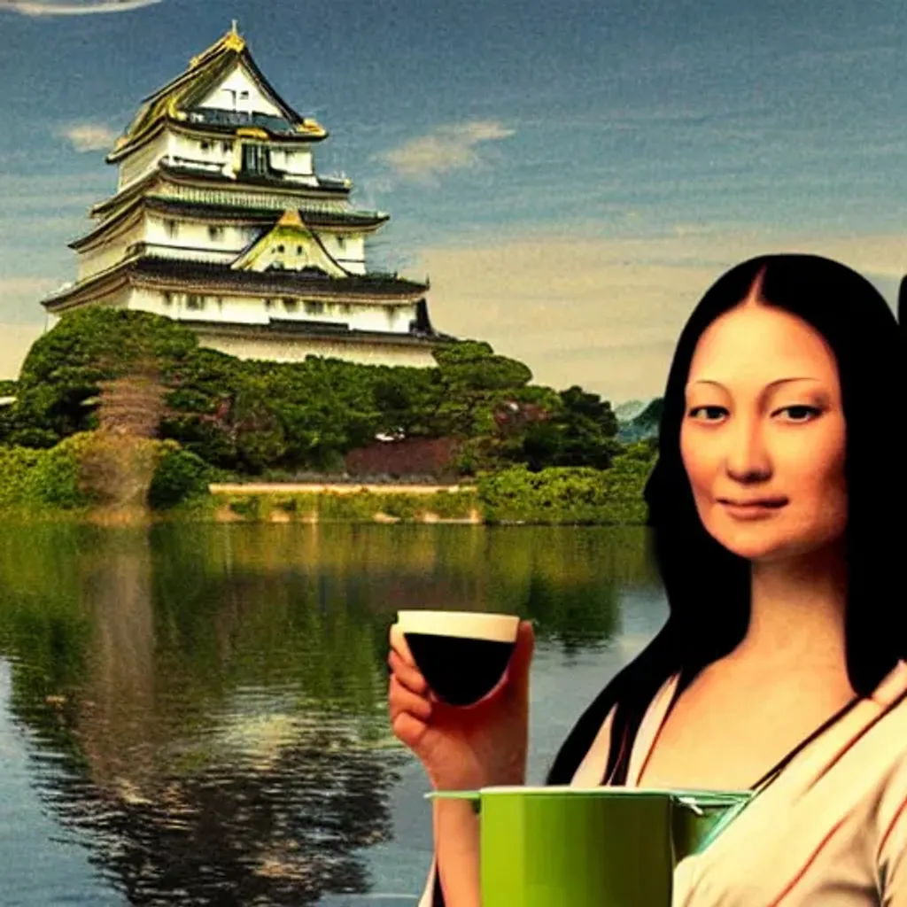 Prompt: japanese mona lisa drinking matcha with osaka castle as backdrop 4k ultra high definition