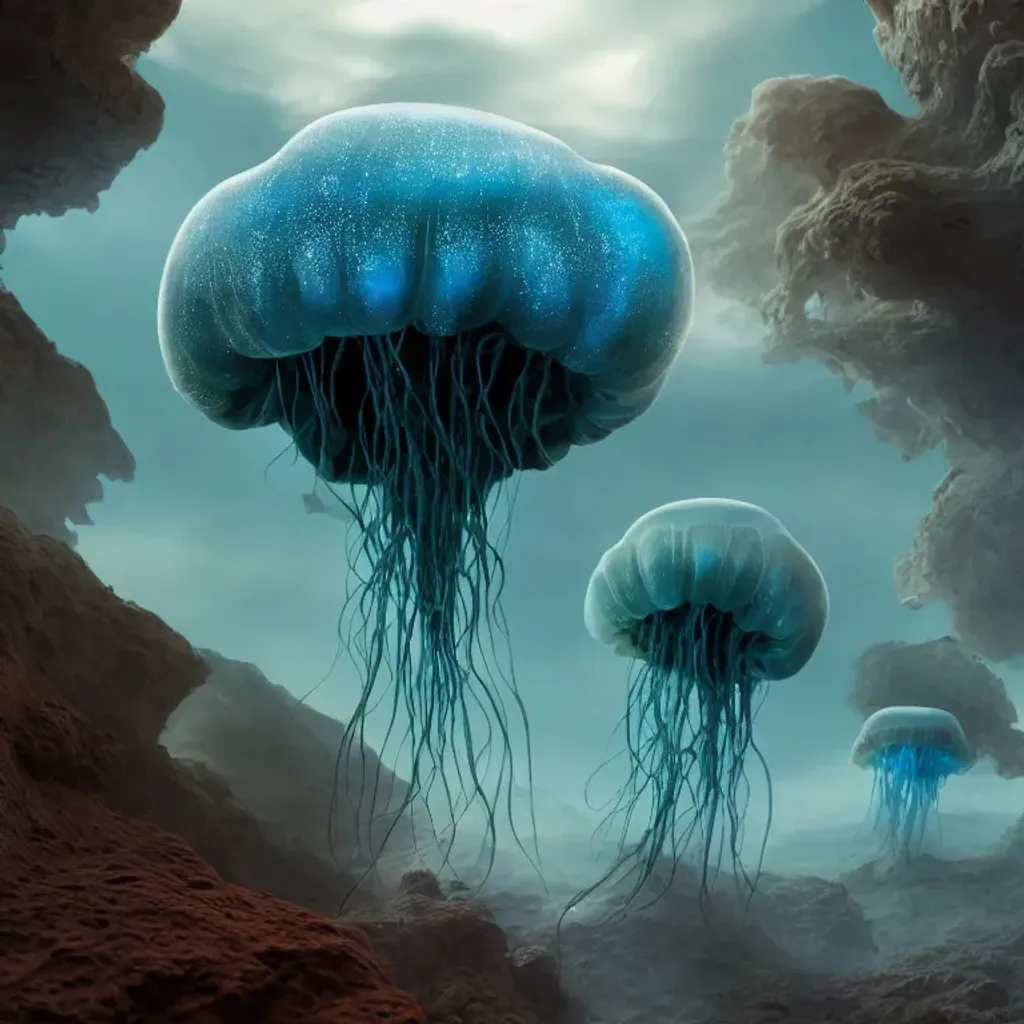 Prompt: Matte painting of blue alien jellyfish-like creatures immerging from the Mars landscape, very intricate details, perfect composition, beautiful, intricate, created in unreal engine, insanely detailed octane render, trending on artstation, 16K artistic photography, studio photograph, photorealistic concept art, soft natural volumetric cinematic perfect light, chiaroscuro, award-winning photograph, masterpiece, Raphael, Caravaggio, Greg Rutkowski, Beeple, Beksinski, H.R. Giger