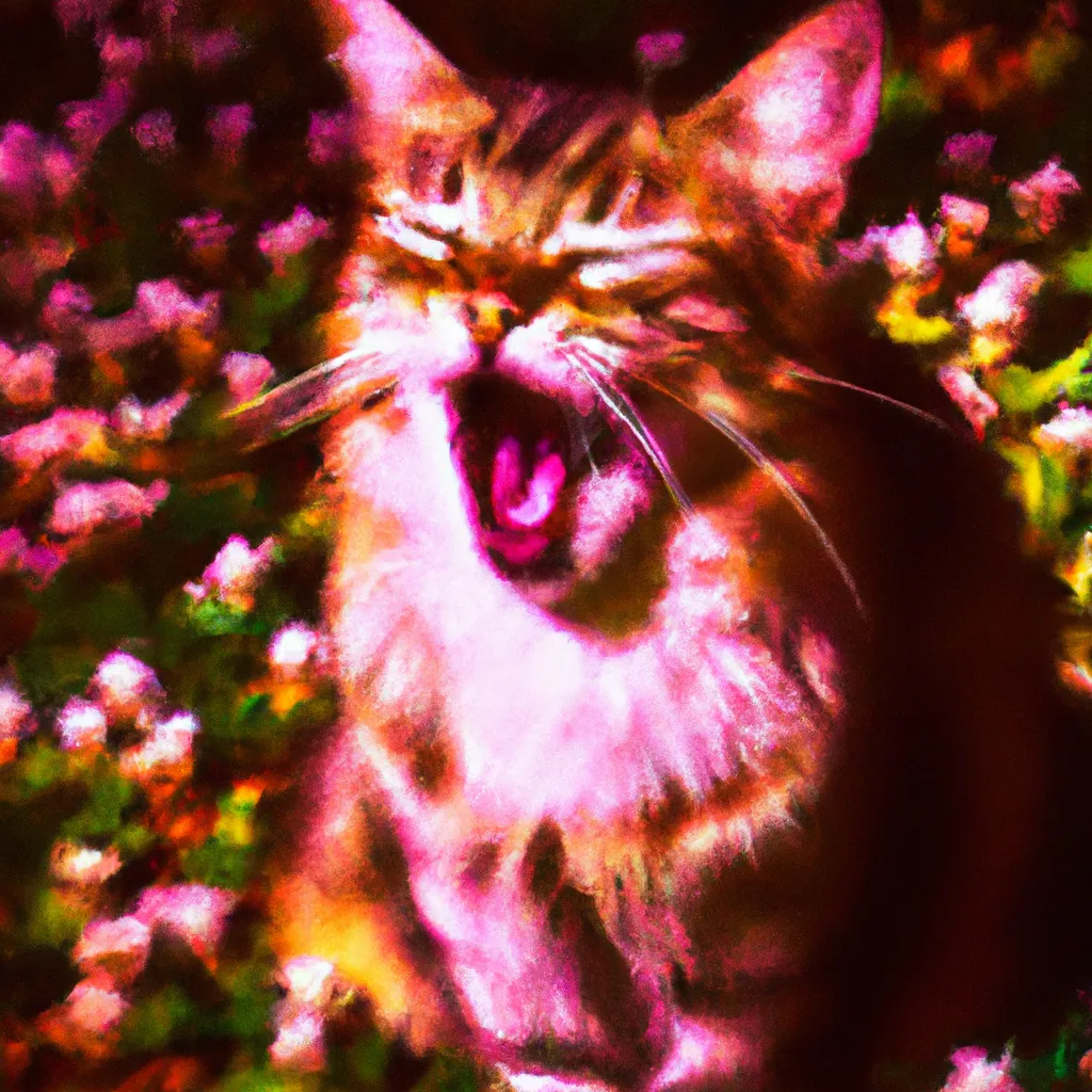 Prompt: A cat meowing in the middle of a field of pink flowers, oil on velvet, digital art, intrincate detailed, glow