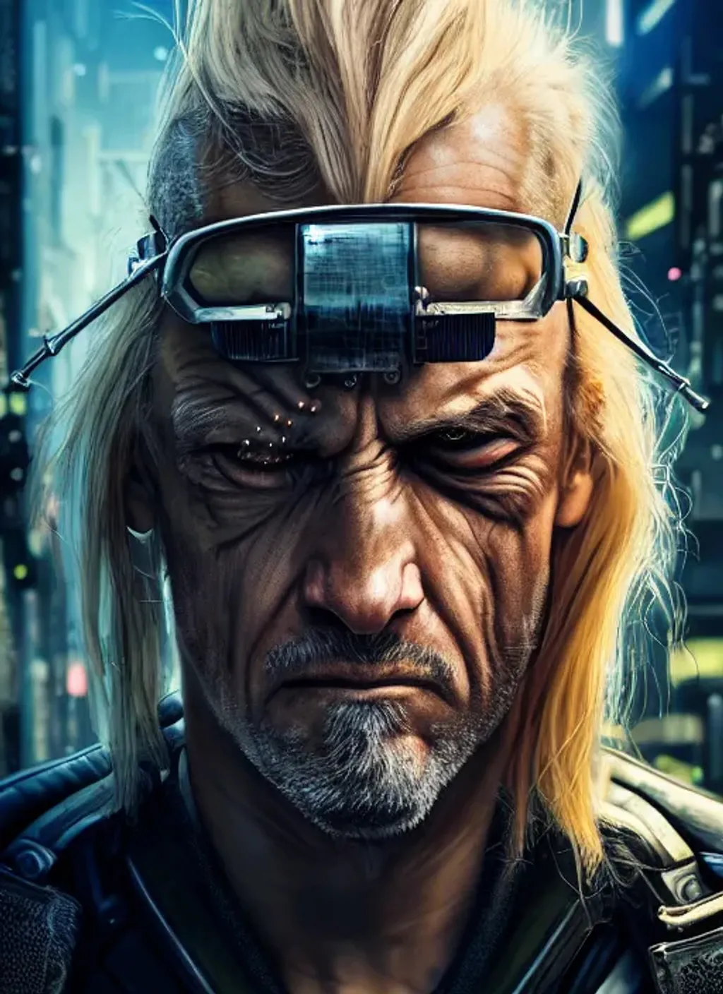 Prompt: Extremely detailed portrait of beautiful cyberpunk old mercenary with blond hair with angry face, extremely detailed background cyberpunk street, hyperrealistic , 8k, high quality, concept art, trending on artstation, sharp focus, studio photo, intricate details, hyper detailed