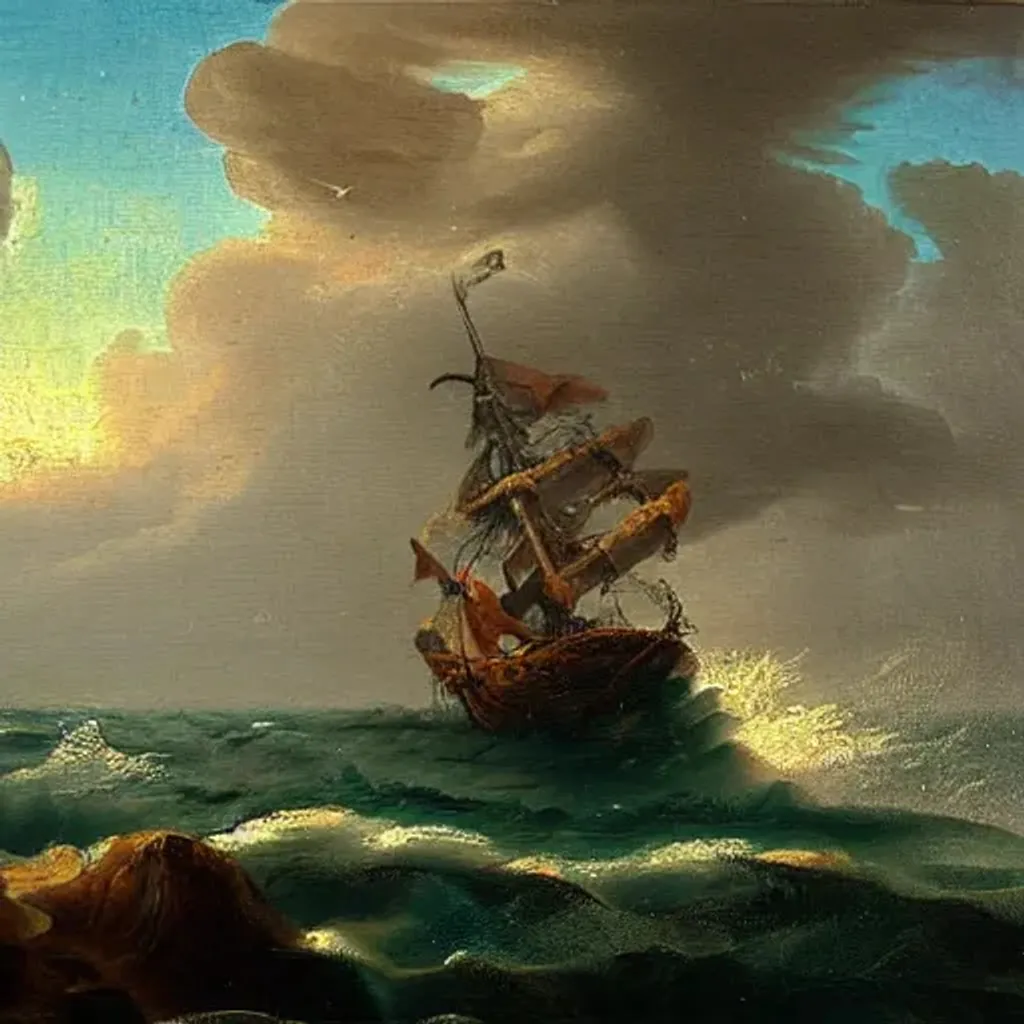 Prompt: Oil painting, stormy sea, lightning, rock, caravel ship, by Udvary Pál, by Cornelis Verbeeck.