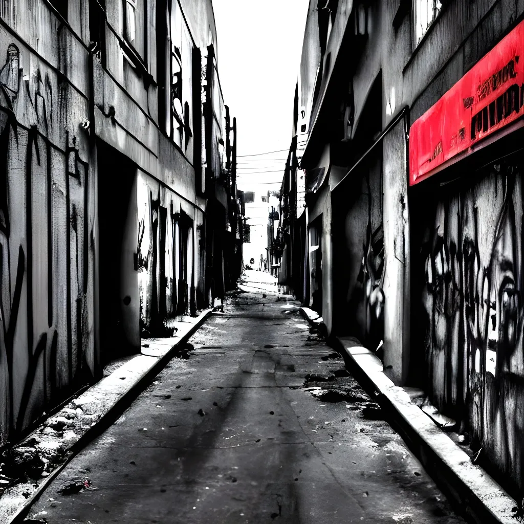 Prompt: looking from a dark alley during the night, in a colorful, dirty rundown city