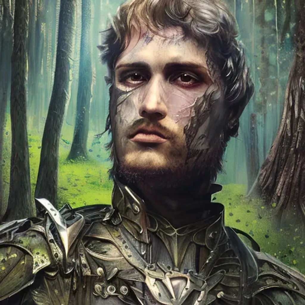 Prompt: a portrait painting of a grim male knight wearing leather on a beautiful lush forest meadow, morning, art by Tristan Eaton, Stanley Artgerm, Tom Bagshaw, Greg Rutkowski, Carne Griffiths