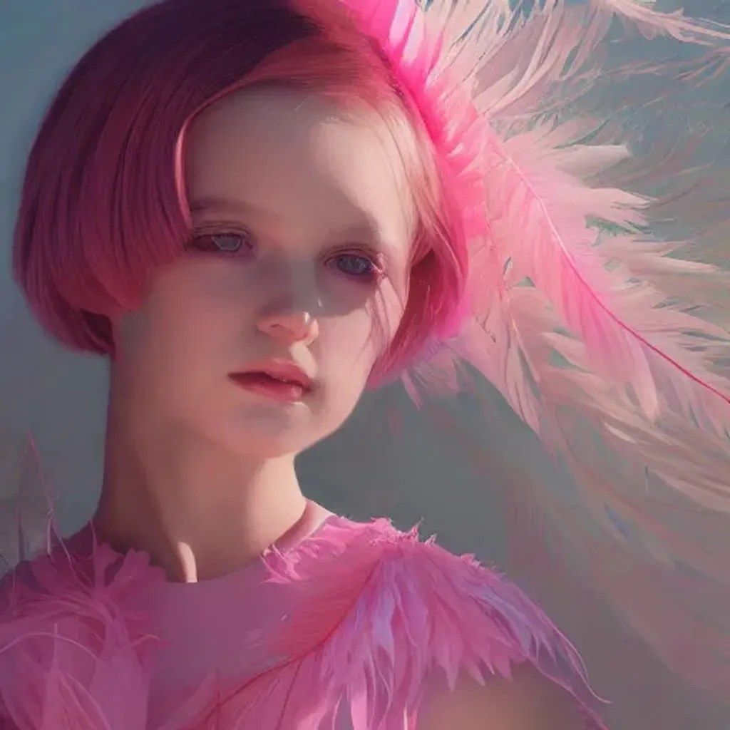 Prompt: beautiful little girl with an pink excentric haircut wearing an dress made of feathers, artwork made by ilya kuvshinov, inspired by donato giancola, hd, ultra realistic, reflection, flowers, light, realistic face 