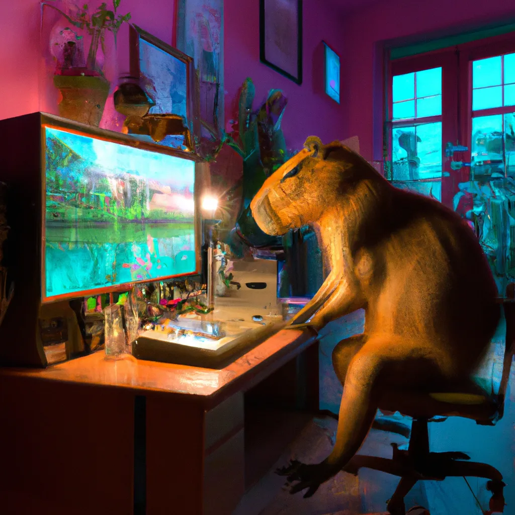 Prompt: A capybara playing on his rgb computer by ernst haeckel,-man, ultra-realistic, 3d, volumetric lighting-man, 8k, photorealistic, cinematic lighting, volumetric