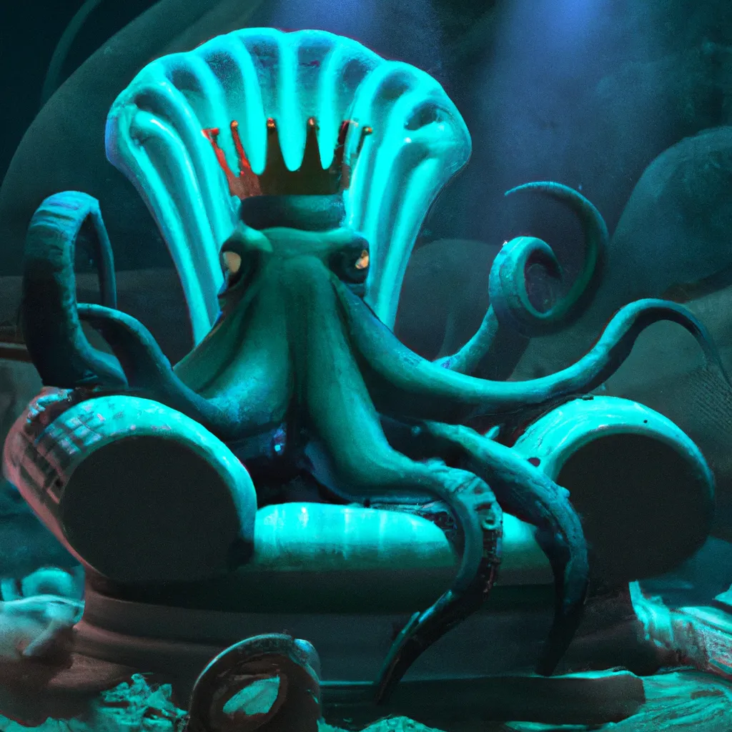 Prompt: Octopus king sitting in a futuristic underwater throne 