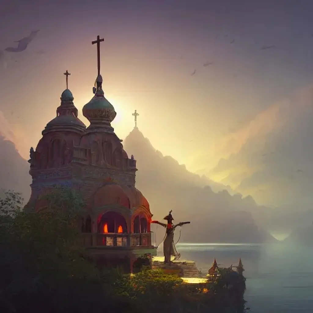 Prompt: old indian city with a breathtaking Ariel view of a magnification church in a island view at green dawn, intricate, elegant, volumetric lighting, digital painting, highly detailed, artstation, sharp focus, illustration, concept art, ruan jia, steve mccurry