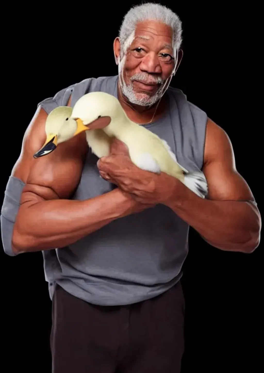 Prompt: Morgan Freeman holding multiple ducks, yolked, muscle, 4K, 8K, High resolution