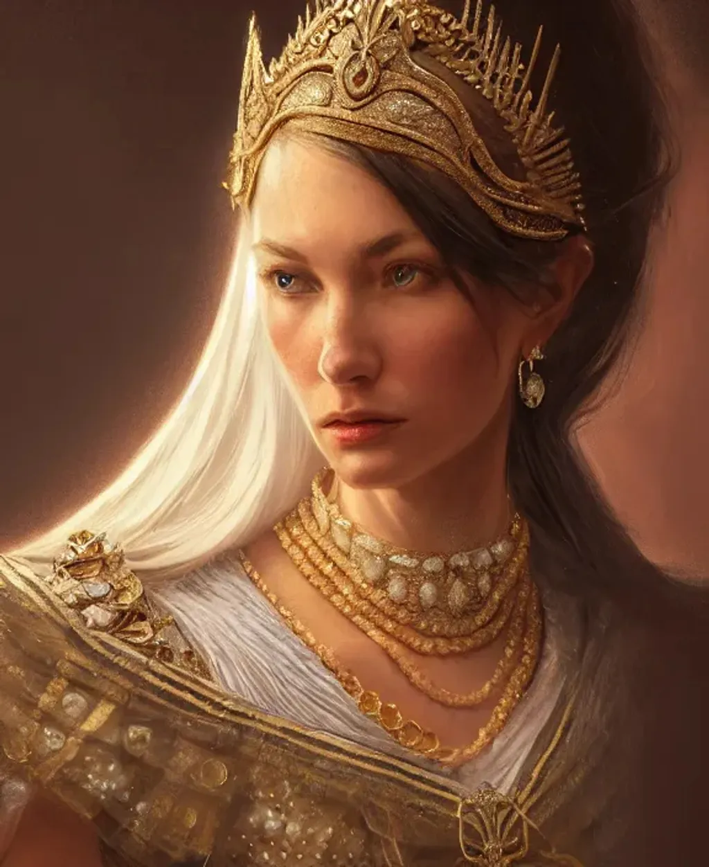 Prompt: women in royal places, worn princess luxury cloths with jewelry super detailed, 8k, high quality, sharp focus 16k smooth render, trending art, trending on art station, sharp focus, studio photo, intricate details, highly detailed, by greg rutkowski