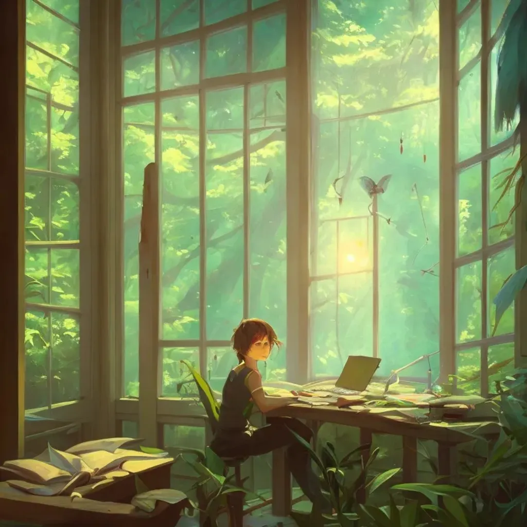 Prompt: beautiful oil painting of a study, desk, many fireflies, high ceilings. many plants. light reflections. large windows, a fish tank, sunny day, bedroom, green plants, perfectly shaded, atmospheric lighting, Beautiful Magical forest glen and jungle outside, 
style of makoto shinkai and peter mohrbacher, studio ghibli. artgerm, karol bak, beeple, oil painting style, 8 k hd, ultra wide angle, hyper detailed., CryEngine, in the style of Pixar, studio ghibli, lothlorien tolkien inspired, digital art, fantasy art, concept art, environment art 
