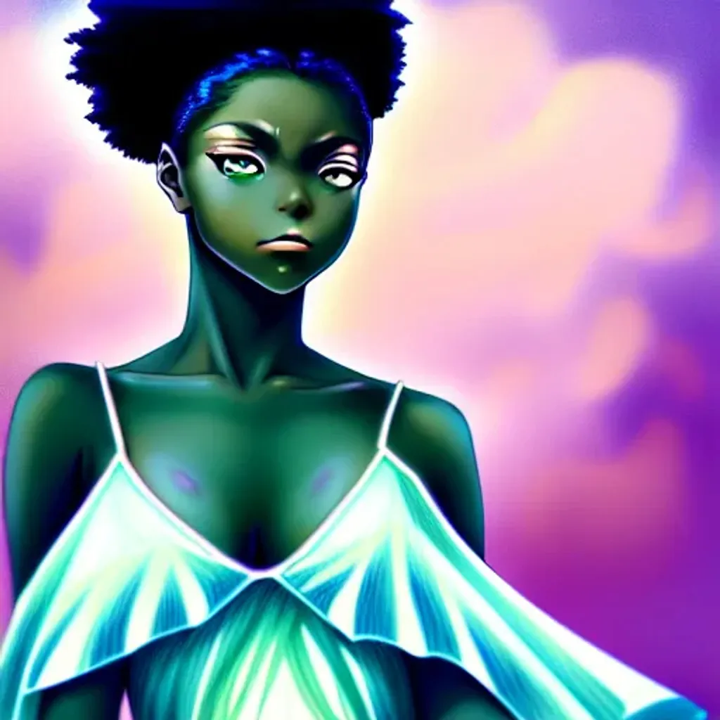 Prompt: anime portrait of a African girl, green anime eyes, beautiful intricate blue hair, shimmer in the air, symmetrical, concept art, digital painting, looking into camera, white dress , big boobs