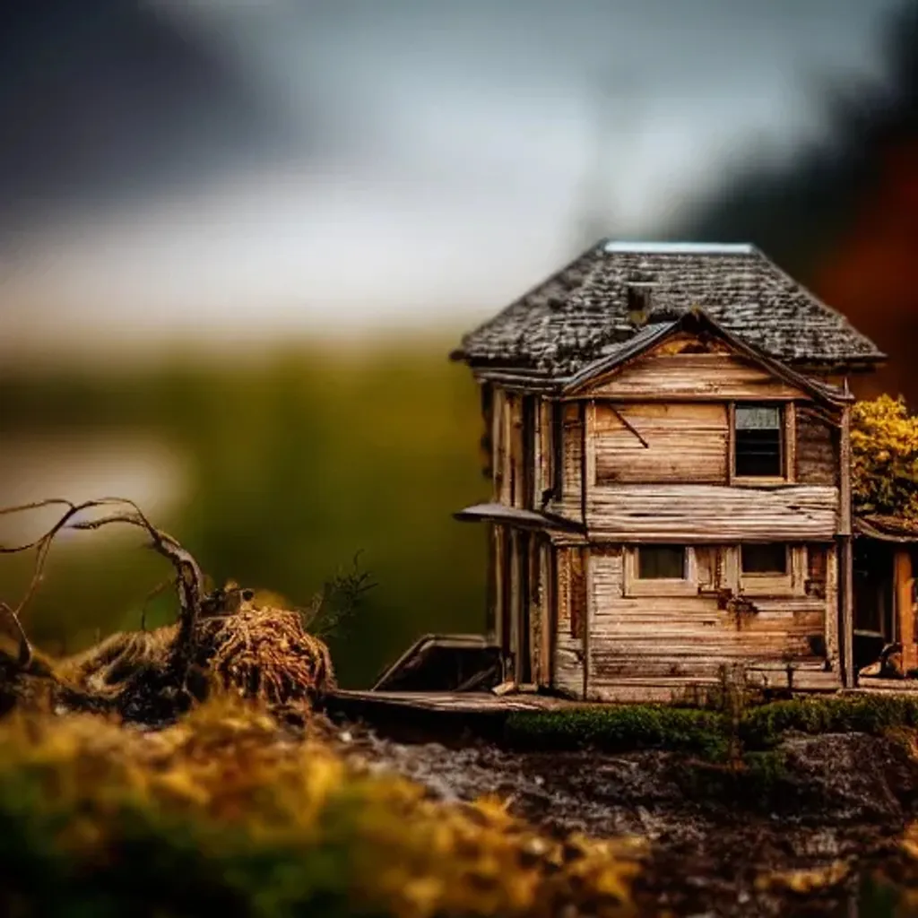 Prompt: miniature world in a box on a desk at night, autumn, mountains, dead trees, lakes, abandoned buildings, tilt-shift lens, shot on canon 5d, shot on nikon, shot on medium format phase one iq180, ultra realistic,