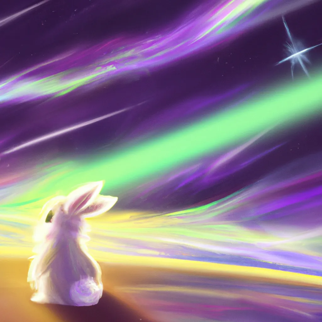 Prompt: a chibi bunny rabbit sitting under an overwhelming solar wind aurora borealis, digital art digital airbrush 