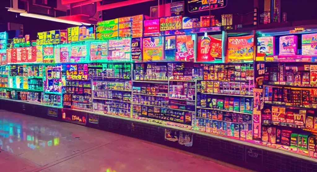 Prompt: inside closed cyberpunk convenience store at night with row of drink cooler aisle, colored lighting, atmospheric, ultra detail, fujifilm, snack aisle, low lighting, vaporwave anime aesthetic, energy drinks, neon lighting, potted palm tree
